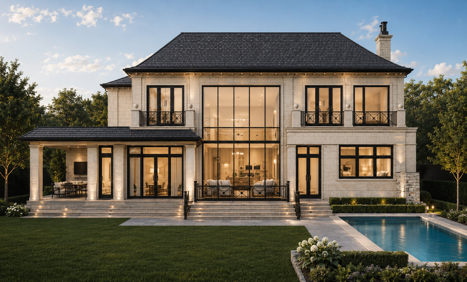Grand stone residence with a double-height glass opening facing a pool and garden