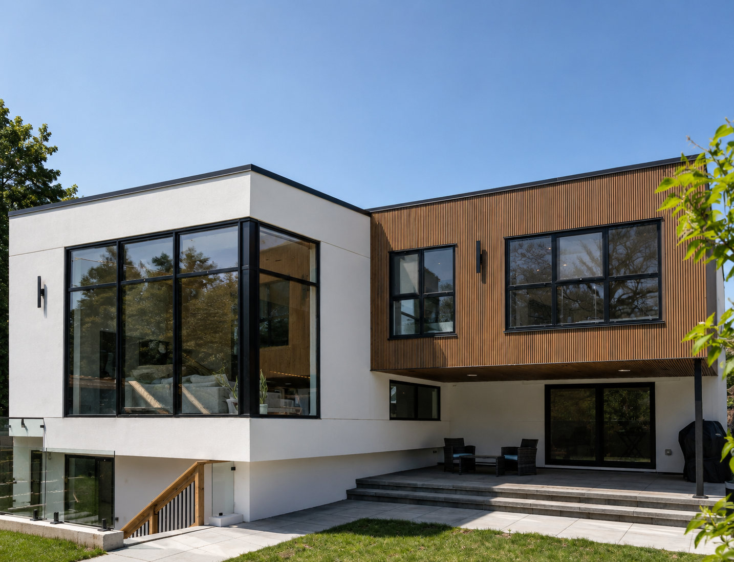 Contemporary home with sculptural white volumes and warm timber-clad upper storey
