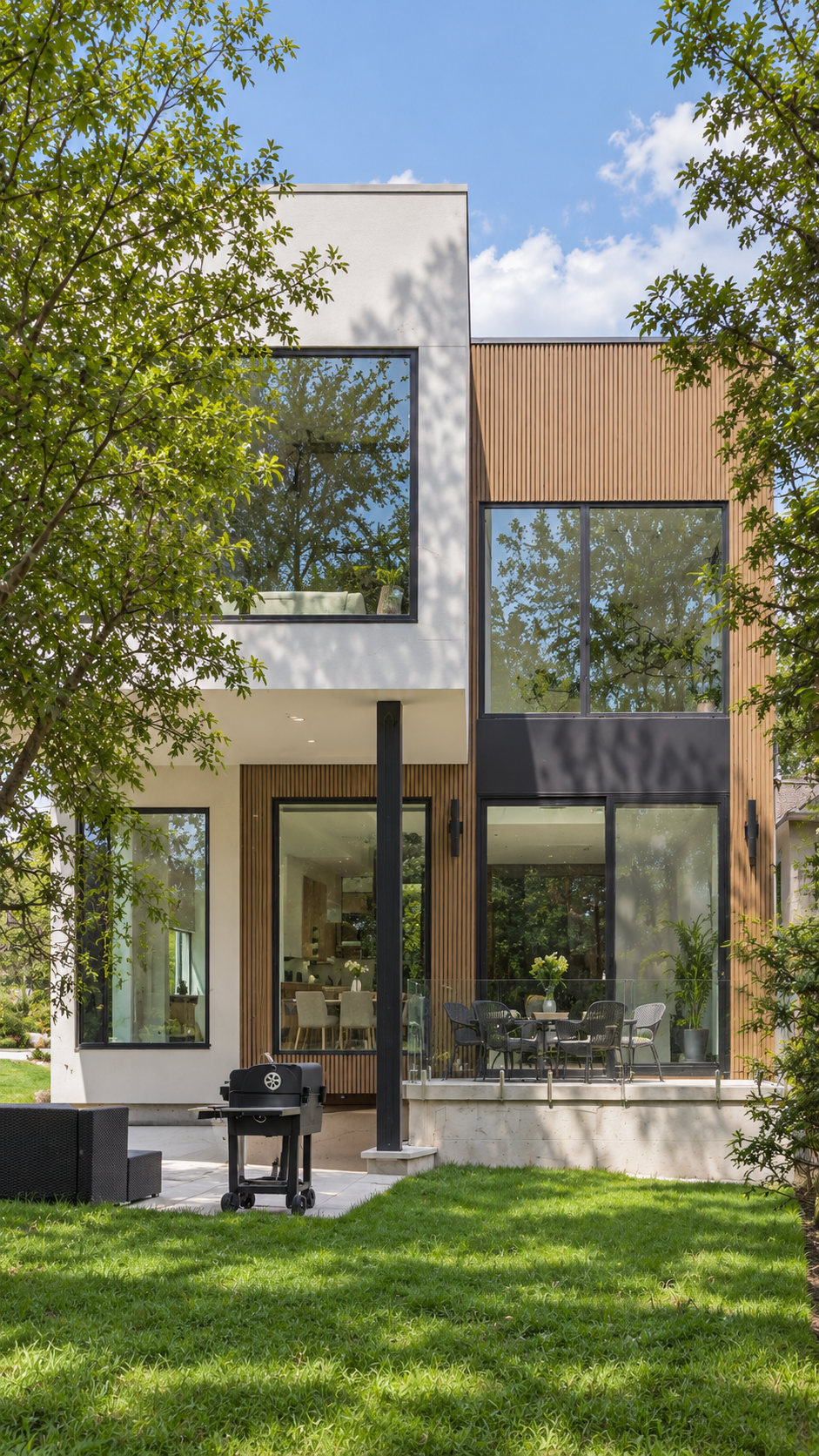 Contemporary house with broad glass façade, vertical wood details and white cladding
