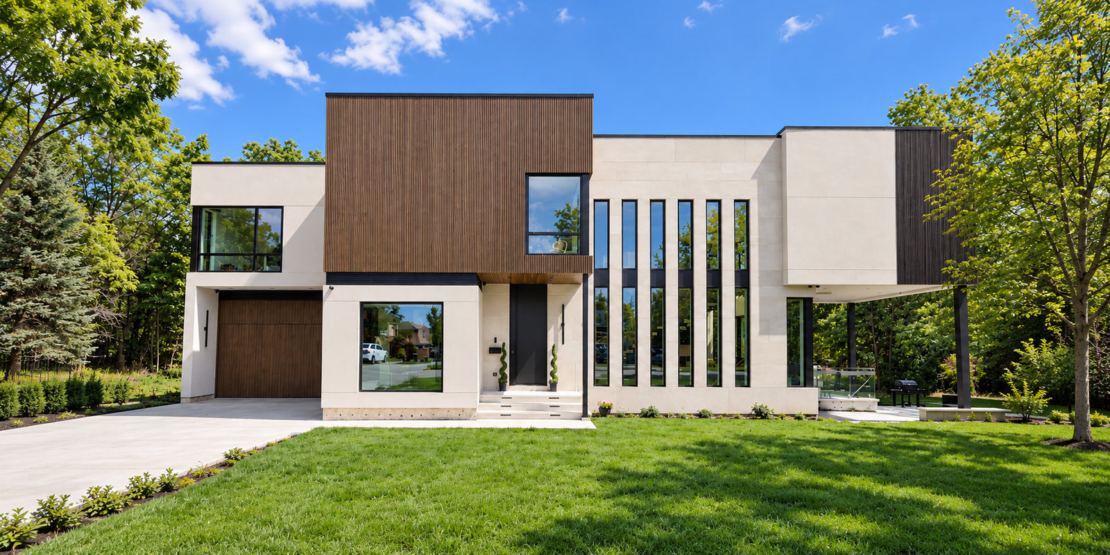 Contemporary residence with wood and ivory façades among leafy gardens
