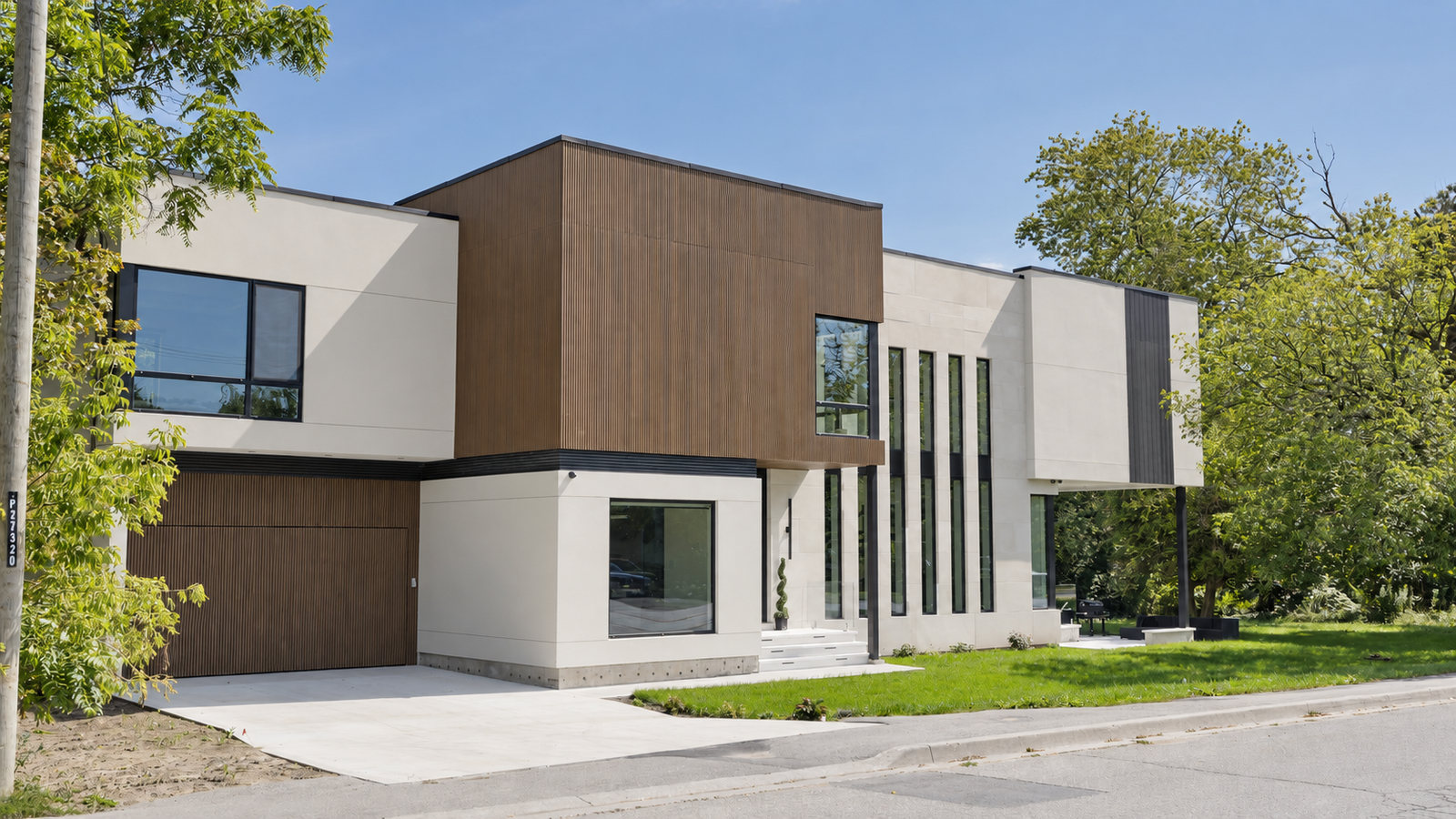 Rear perspective of a modern residence with warm wood cladding and generous glazing