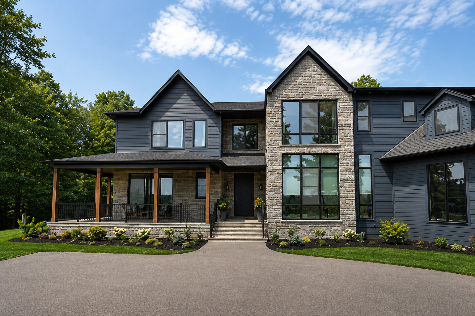Two-storey stone and dark-sided home with a sheltered porch and modern windows
